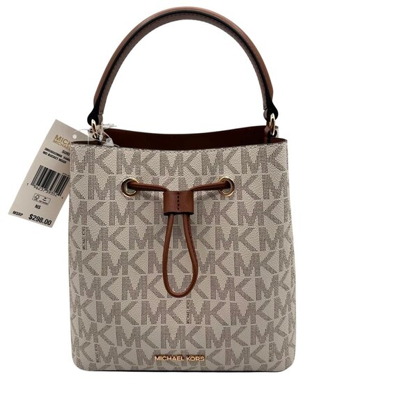 Michael Kors Small Drawstring Bucket Bag Vanilla/Brown Canvas Leather Logo - Picture 6 of 14